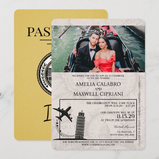 Yellow Italy Passport Wedding Invitation (Front/Back)