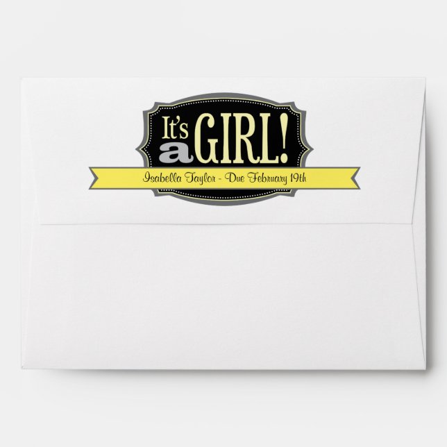 Yellow It's a Girl Due Date Baby Shower Envelopes (Back (Top Flap))