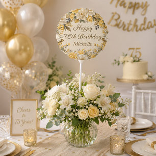 Yellow Ivory Cream Floral Happy 75th Birthday Balloon