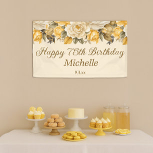 Yellow Ivory Cream Floral Happy 75th Birthday Banner