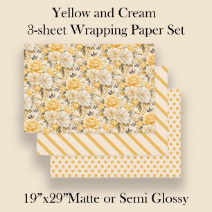 Yellow Ivory Cream Watercolor Floral Stripes Dots Wrapping Paper Sheets