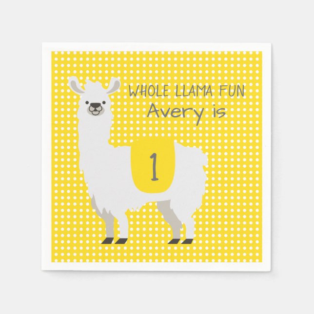 Yellow & Ivory Cute Llama Baby 1st Birthday Napkins (Front)