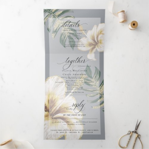 Yellow Ivory  Watercolor Hibiscus Foliage Wedding Tri_Fold Invitation