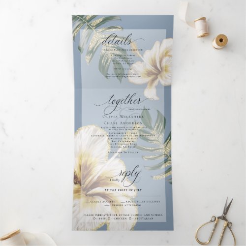 Yellow Ivory  Watercolor Hibiscus Foliage Wedding  Tri_Fold Invitation