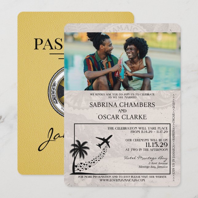 Yellow Jamaica Passport Wedding Invitation (Front/Back)