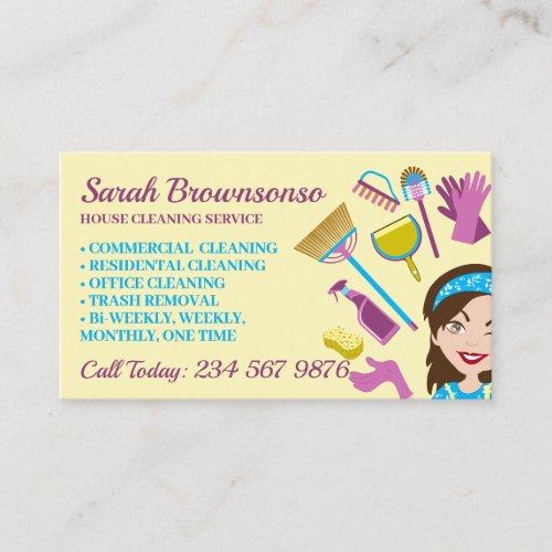 Yellow Janitorial Lady Cartoon Cleaning Washing Business Card