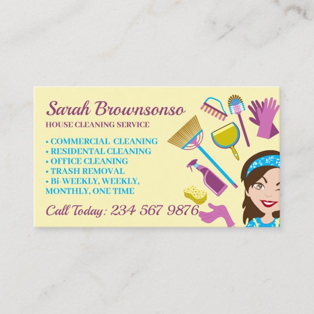 Yellow Janitorial Lady Cartoon Cleaning Washing Business Card