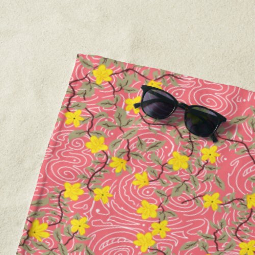 Yellow Jasmine Flower on Coral Beach Towel