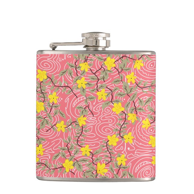 Yellow Jasmine Flower on Coral Pink Flask (Front)