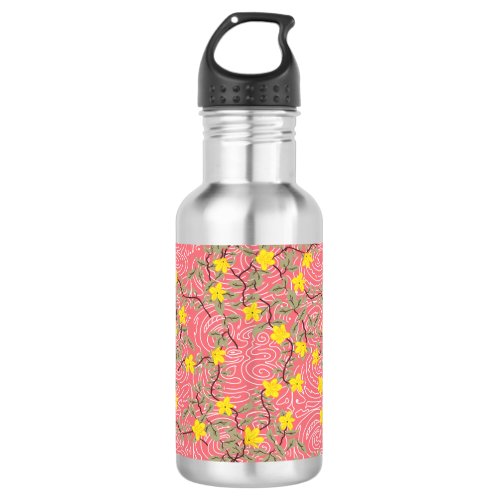 Yellow Jasmine Flower on Coral Pink Stainless Steel Water Bottle