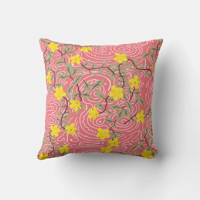 Yellow Jasmine Flower on Coral Pink Throw Pillow (Back)