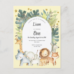 yellow, jungle animals boy or girl 1st birthday invitation postcard