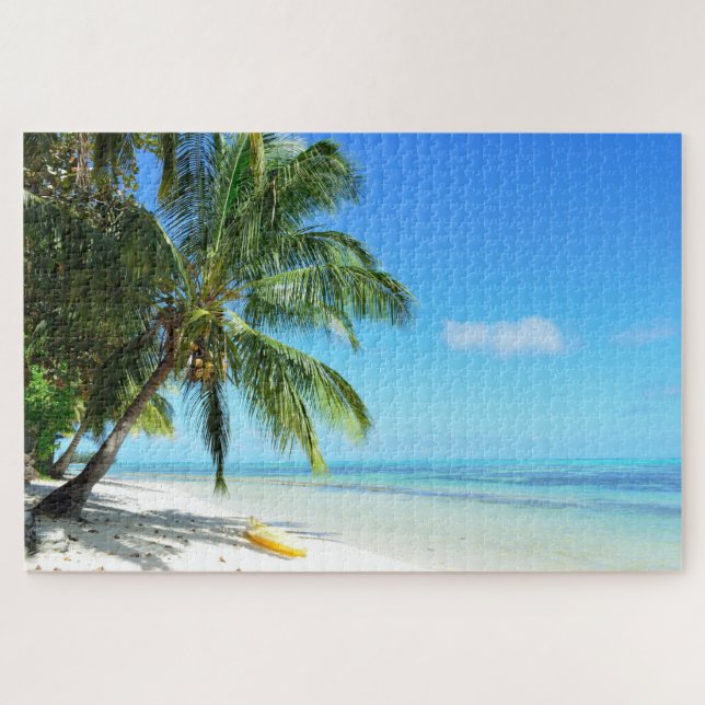 Yellow kayak on a white beach with palm jigsaw puzzle (Horizontal)