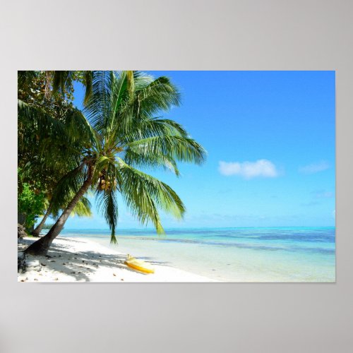 Yellow kayak on a white sand beach poster