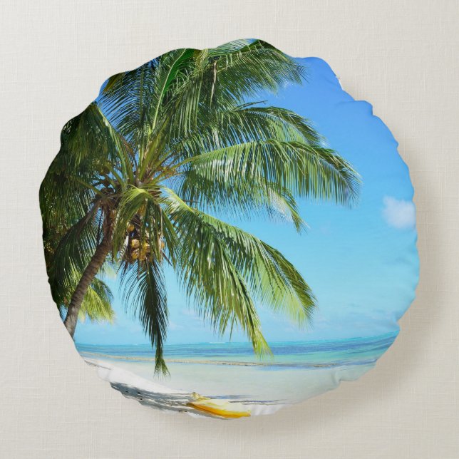 Yellow kayak on a white sand beach round pillow (Back)