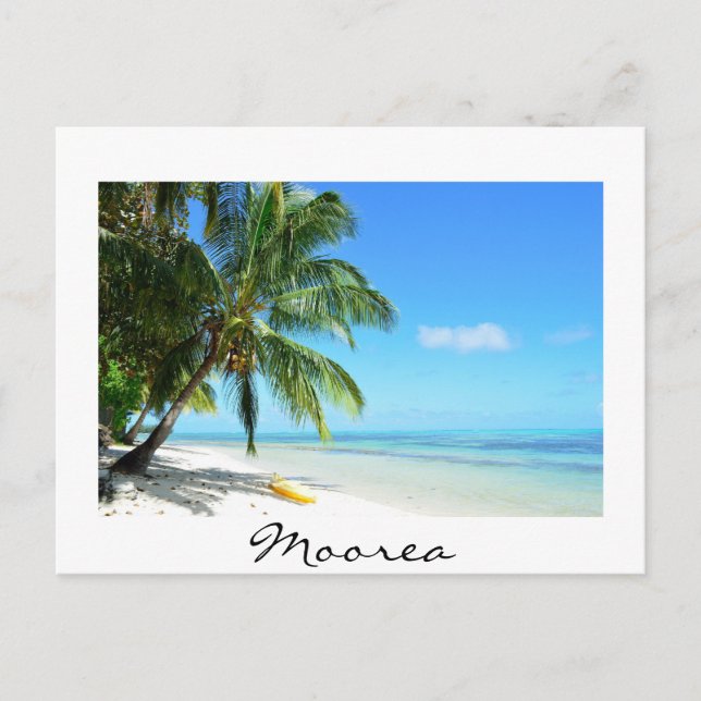 Yellow kayak on Moorea beach white text postcard (Front)