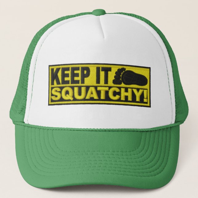 Yellow KEEP IT SQUATCHY!  "embroidered-look" print Trucker Hat (Front)
