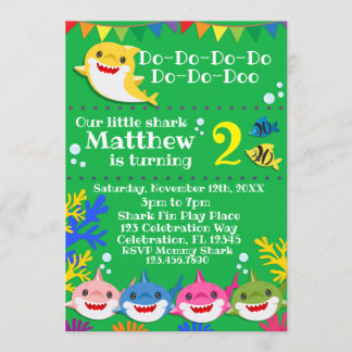 Yellow Kids Shark Green Birthday Invitation