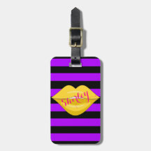 Yellow kiss lips purple black stripes luggage tag