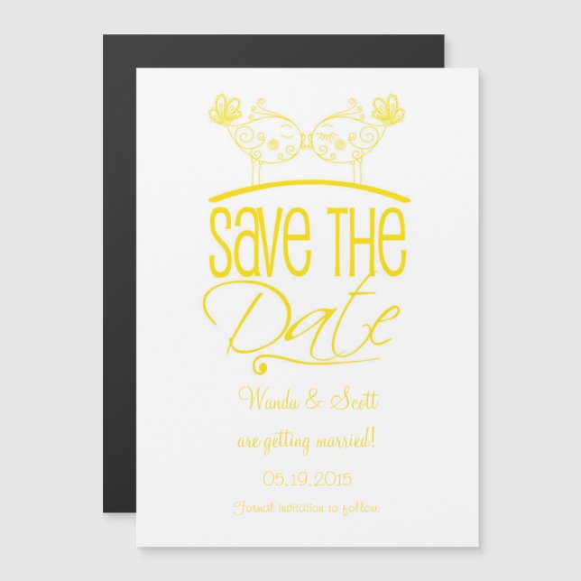 Yellow Kissing Birds Magnetic Save the Date Invitation (Front/Back)