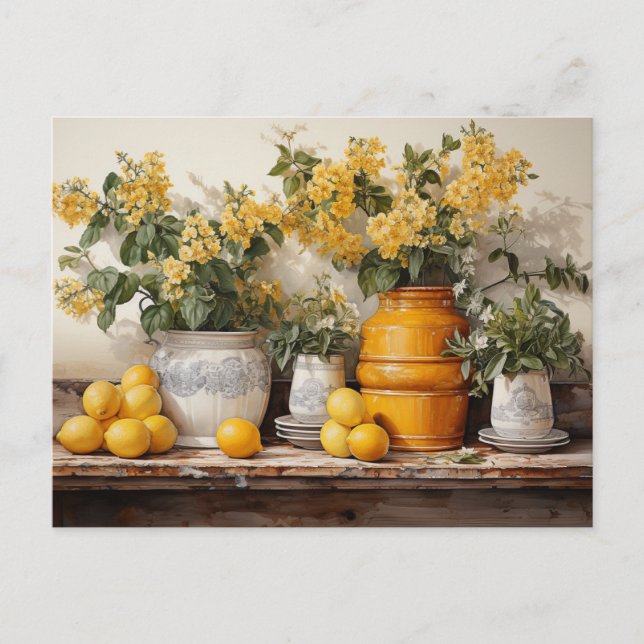  Yellow Kitchen Shelf  Lemons Yellow Jar Flowers Postcard (Front)