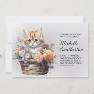 Yellow Kitten Basket Flowers Women's Birthday Invitation
