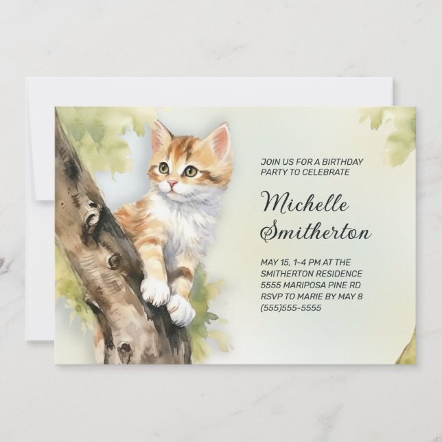 Yellow Kitten Tree Girl's Women's Birthday  Invitation (Front)