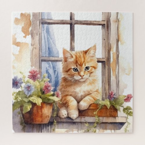 Yellow Kitten Window Flower Box Painting Jigsaw Puzzle