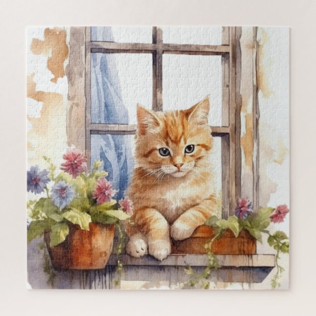 Yellow Kitten Window Flower Box Painting Jigsaw Puzzle (Vertical)
