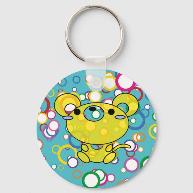 Yellow Kitty on Colored Circles Key Chain (Front)