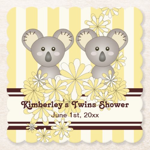 Yellow Koala Twin Baby Shower  Kids Birthday Paper Coaster