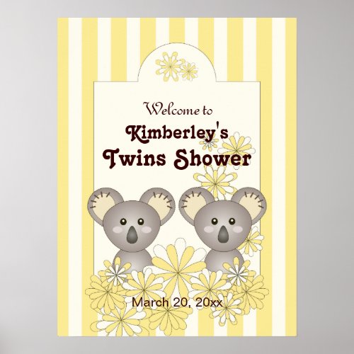 Yellow Koala Twin Baby Shower  Kids Birthday Poster