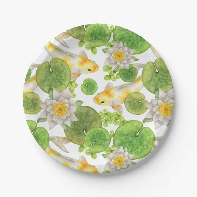 Yellow Koi Fish and White Water Lilies Pond Paper Plates (Front)