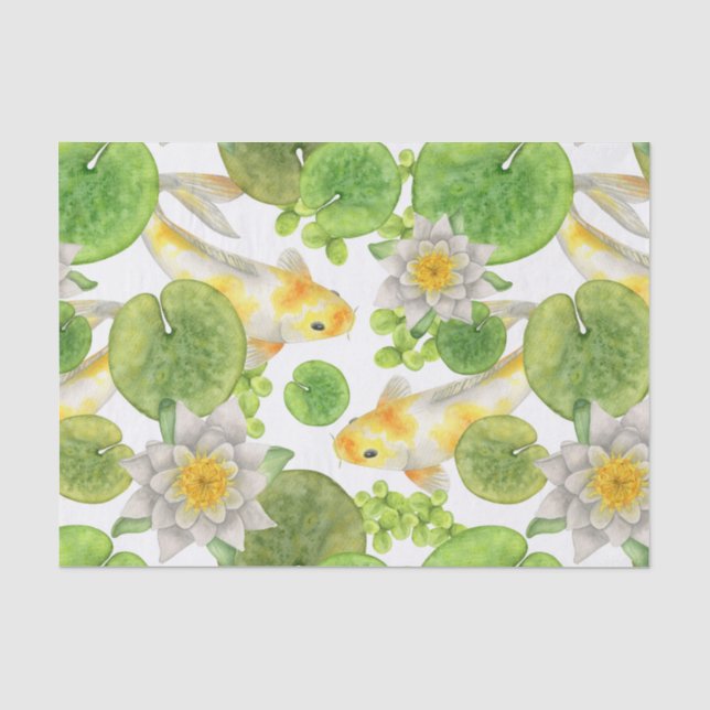 Yellow Koi Fish and White Water Lilies Pond Tissue Paper (Front)