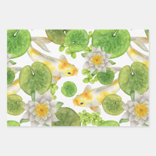 Yellow Koi Fish and White Water Lilies Pond Wrapping Paper Sheets