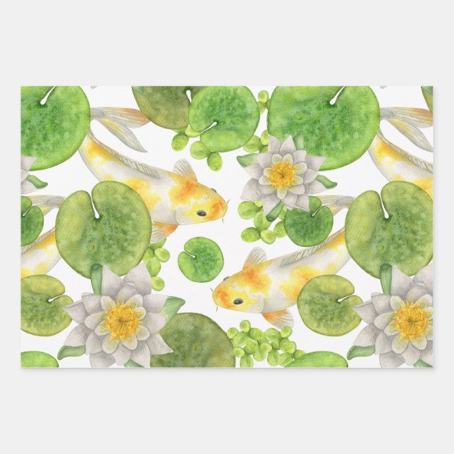 Yellow Koi Fish and White Water Lilies Pond Wrapping Paper Sheets (Front)