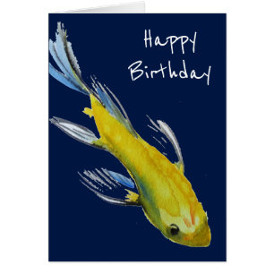 Yellow koi Japanese carp birthday fish art Cards