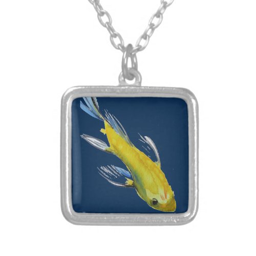 Yellow koi Japanese carp watercolour art fish Silver Plated Necklace