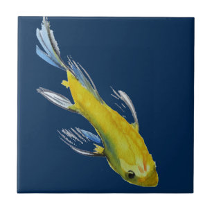 Yellow koi Japanese carp watercolour art fish Tile