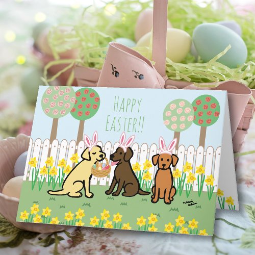 Yellow Lab and Fox Red Lab Easter Bunnies Garden Holiday Card