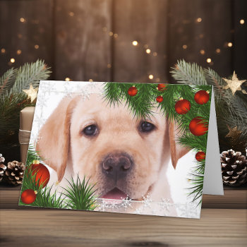 Yellow Lab Christmas Card- Cute Dog Puppy Labrador Holiday Card by BlackDogArtJudy at Zazzle