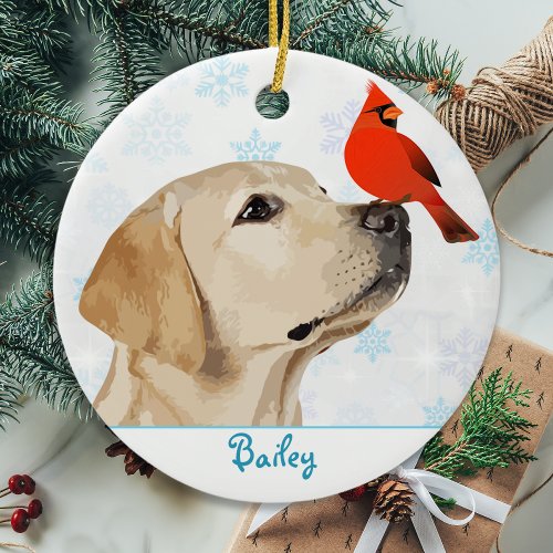 Yellow Lab Christmas Cardinal _ Cute Labrador Dog Ceramic Ornament
