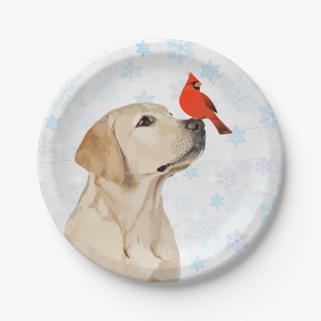 Yellow Lab Christmas Cardinal - Cute Labrador Dog Paper Plates (Front)