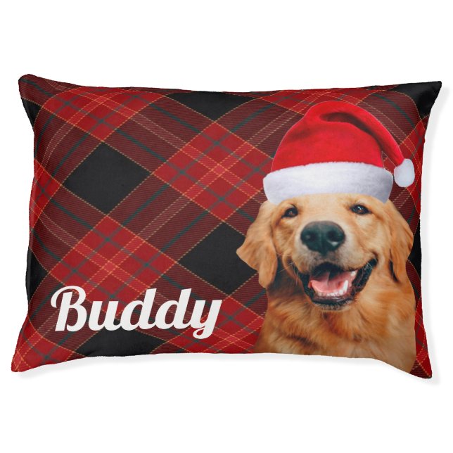 Yellow Lab Christmas Plaid with Dogs Name Pet Bed (Front)
