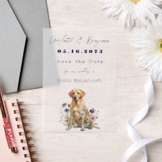 Yellow Lab Dog and Wildflowers Save the Date Vellum Invitations
