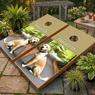 Yellow Lab Dog in Woods Monogram Cornhole Set