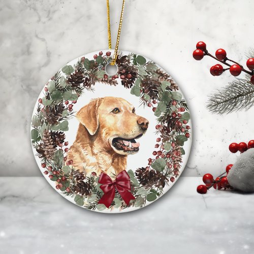 Yellow Lab Dog Pinecone Wreath Personalized Ceramic Ornament