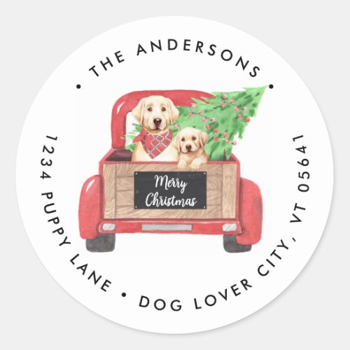 Yellow Lab Dog Red Christmas Truck Return Address Classic Round Sticker