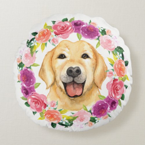 Yellow Lab Dog with Floral Wreath Pillow