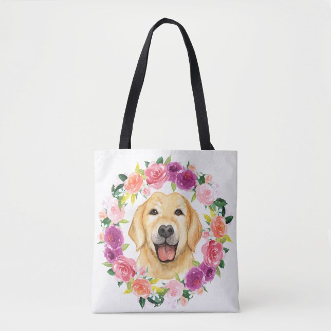 Yellow Lab Dog with Floral Wreath Tote Bag (Front)